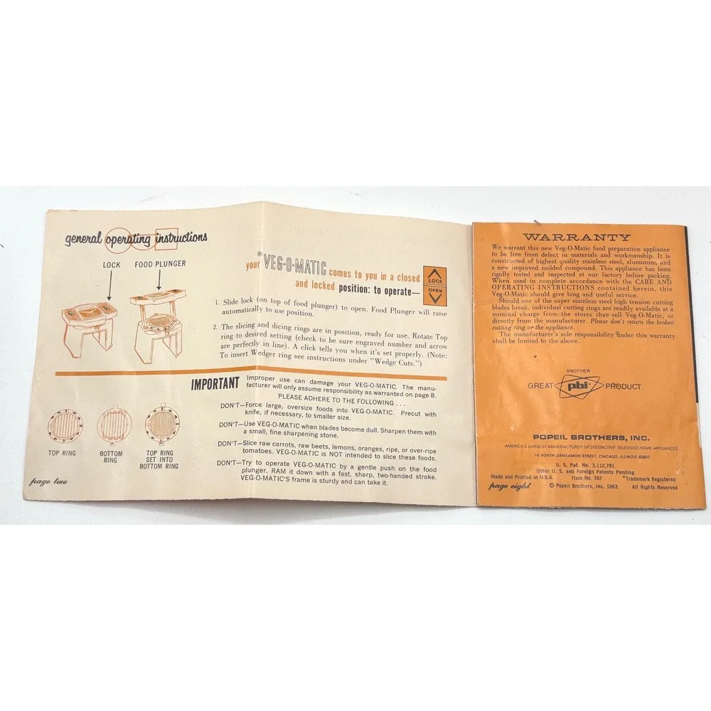Vintage Veg-O-Matic Food Preparer PBI 1960s Kitchen Slicer Dicer with Box Manual